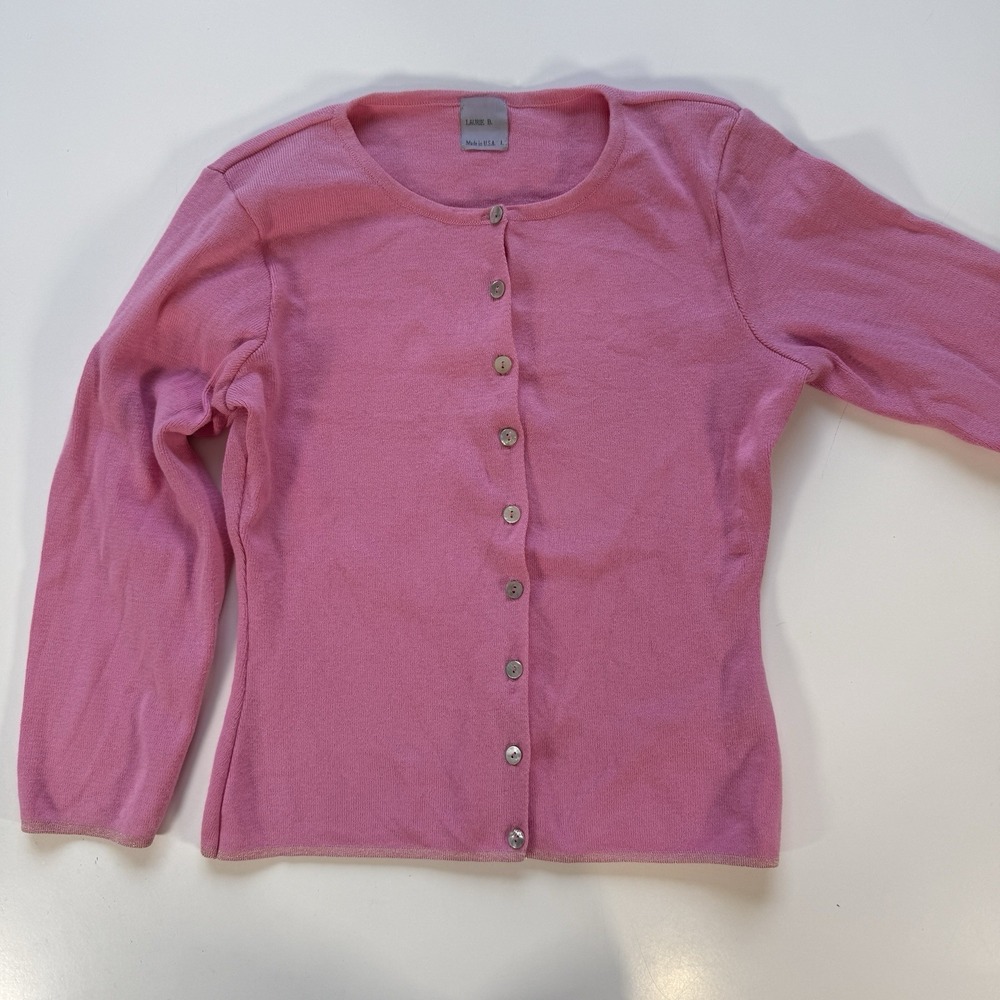 Laurie B. Button Front Cardigan Womens‎ Large *Fits Small Pink Metallic Trim USA